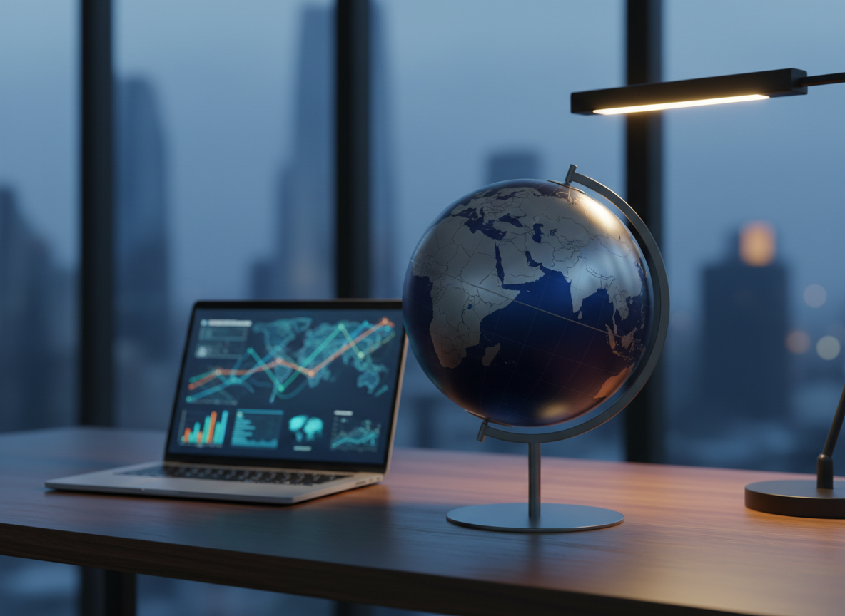 A high-resolution photographic image of a sleek, modern world globe made of brushed metal and deep blue oceans, with country borders subtly etched but without any visible text. The globe sits on a dark walnut desk beside a minimalist laptop displaying abstract charts and maps on a softly blurred screen. Large floor-to-ceiling windows in the background reveal an indistinct skyline at dusk, with cool blue ambient light balanced by a warm desk lamp that casts gentle highlights on the globe’s curves. Shot at eye level using a shallow depth of field so the globe is in crisp focus, the composition feels analytical, professional, and data-driven, perfect for a global geopolitics and insights blog hero image.